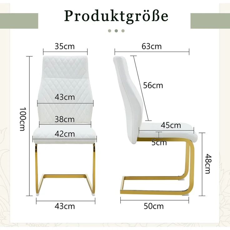 Esszimmerstuhl im Rautenmuster, PU-Lederoptik mit Metallgestell, H 100 x T 43 x B 63 cm, Weiß/Gold, 2er-Set – Bild 5