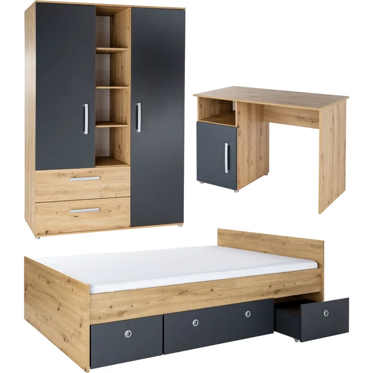 arthur berndt Jugendzimmer-Set Alessio, (Set, 3-tlg, Bett und Kleiderschrank), mit Melamin-Oberfläche