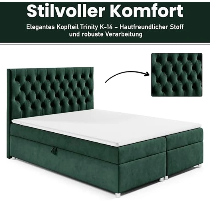 Best For Home Boxbett Trinity K-14, Boxspringbett mit Bettkasten, Grün, 200x200 cm, Höhe ca. 18 cm – Bild 4