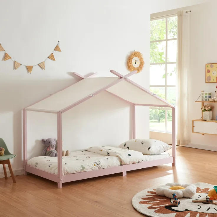Hausbett Kinderbett Brome aus Holz 90x200 cm rosa mit Lattenrost [en. casa]