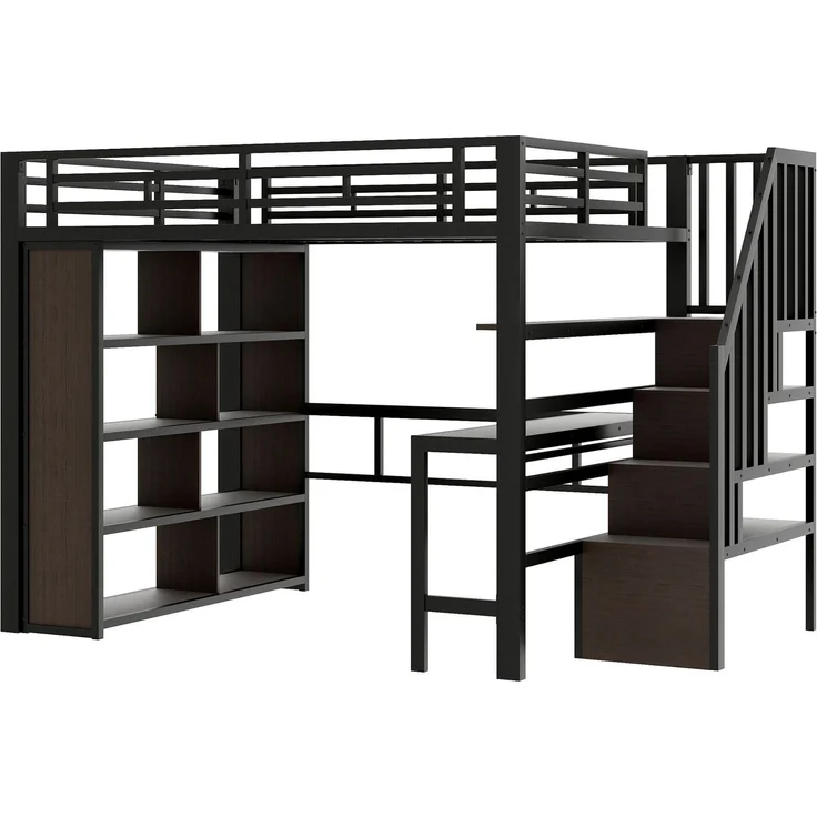 Hochbett mit RGB LED-Streifen, Schreibtisch, Bücherregal, Lattenrost, Treppe, Rausfallschutz, 140x200cm, Metallbett, Kinderbett – Bild 10