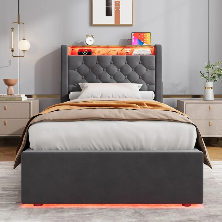 MODFU Polsterbett mit Bettkasten, Holland-Velours, LED, USB/Type-C und Ablage im Kopfteil, 90x200 cm – Bild 2