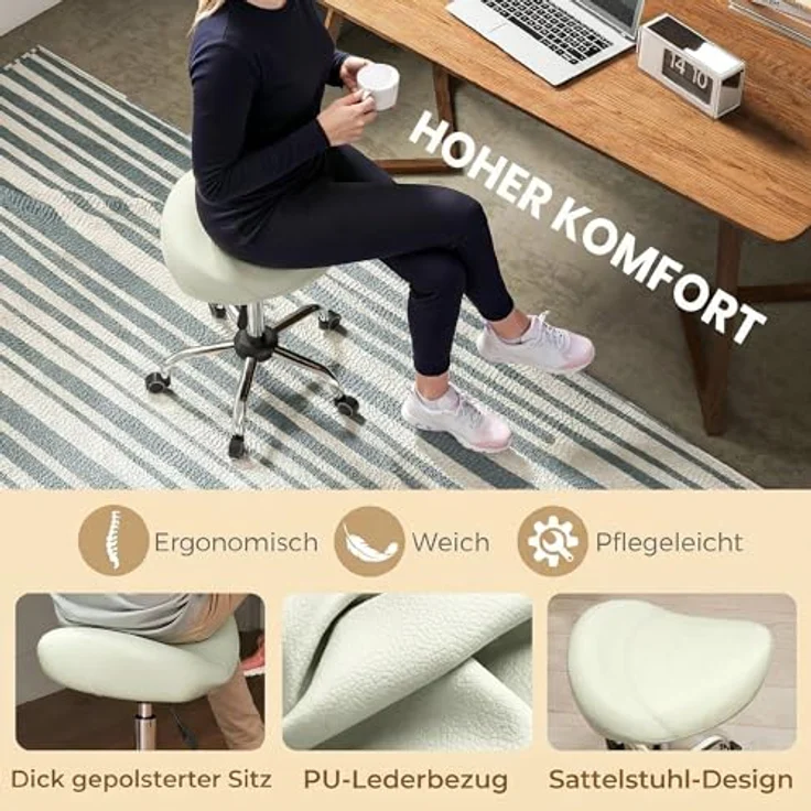 HOMCOM Rollhocker Höhenverstellbar 55-71 cm Sattelhocker Cremeweiß | Drehhocker, Arbeitshocker, 360° Drehbar, Bürohocker, Dick Polster, für Büro Salon Massage Spa – Bild 4