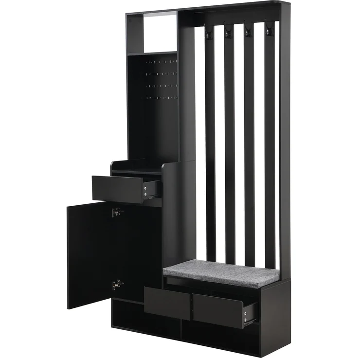 Merax 180cm Flurgarderobe, mit gepolsterter Aufbewahrungsbank, multifunktionaler Flur-Schuhschrank mit Stecktafel, moderne Garderobe mit 4 Haken, Schwarz – Bild 9