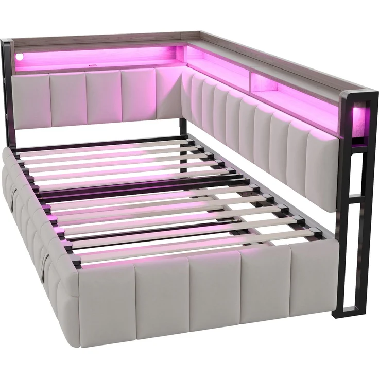 Merax Einzelbett, 90x200cm Polsterbett, Schlafsofa, mit Ausziehbett, LED-Beleuchtung und Ablagefächern am Kopf- und Fußende, Ausgestattet mit USB- und Typ-C-Anschlüssen, Samtstoff Hellgrau – Bild 8