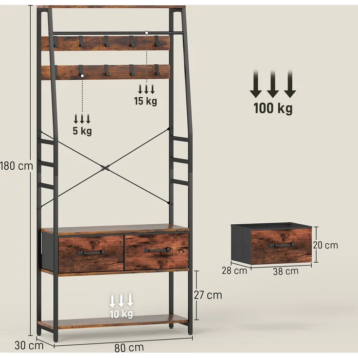 MELAYR, Garderobe mit Schuhregal, Mantelständer mit Sitzbank, 10 Haken, 80 x 30 x 180 cm, Rustikal-Braun – Bild 5