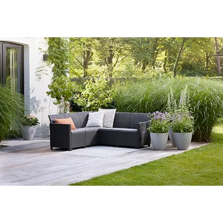 Keter Nora - Ecksofa für Garten oder Terrasse, 5-Sitzer, mit Kissen und Beistelltisch mit 35 l Stauraum, Farbe Graphit – Bild 5