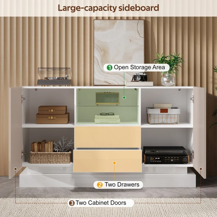 ZUBALIYA Sideboard 140x40x80 cm, mit LED-Beleuchtung, Hochglanz, mit 2 Türen, aus Spanplatte, Weiß – Bild 13