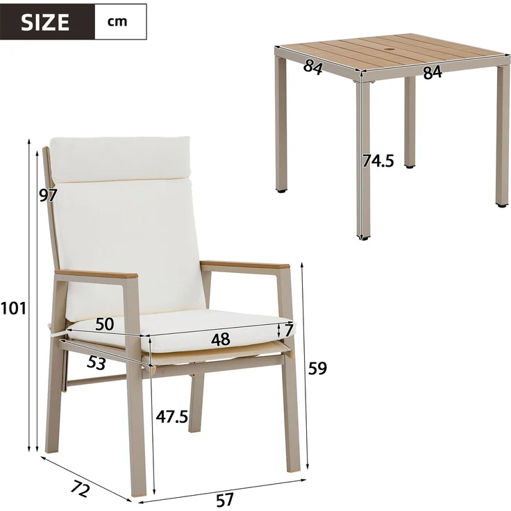 Garten-Essgruppe für 4 Personen mit Tisch und 4 Stühlen, verzinktem Eisen, Kunststoffholz-Tischplatte, Khaki + Beige – Bild 5