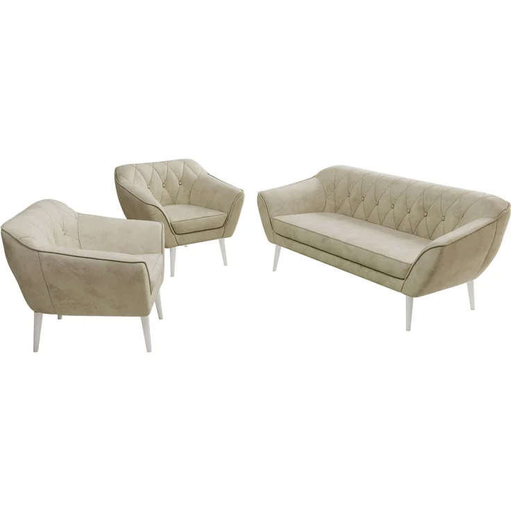 Wohnzimmerset PIRS 1-1-3, Skandinavisches 3-Sitzer Sofa mit Sesseln, Sofa mit Wellenfederung, weiße Füße, Skandinavisches Möbelset - Beige Velvet – Bild 8