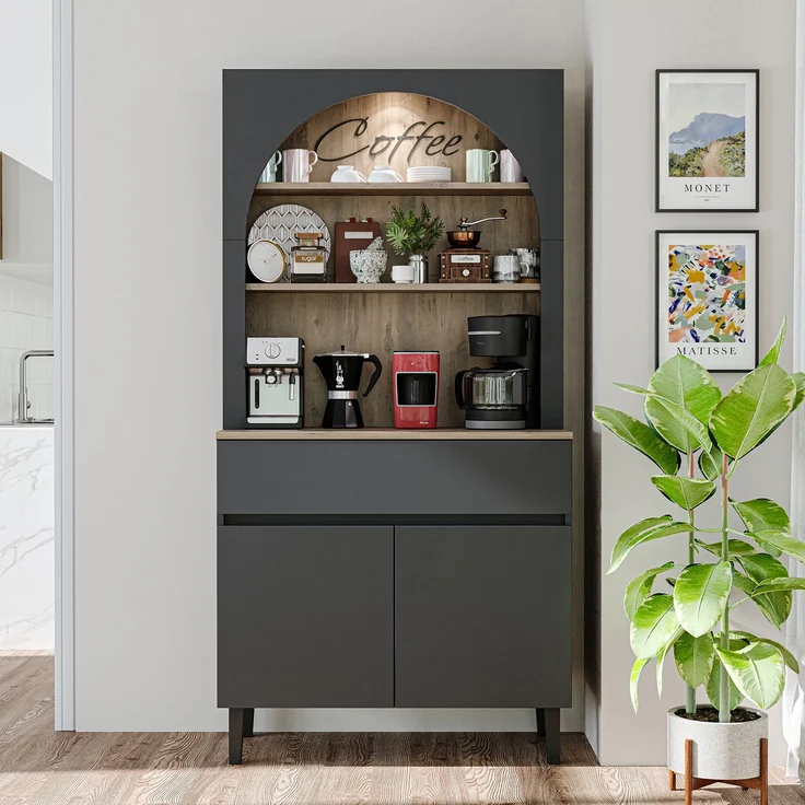 Roomart Küchenschrank VENEDIK 90×179×42 cm – Moderner Buffet- & Mehrzweckschrank mit Schublade, Türen & verstellbaren Einlegeböden – Mikrowellenschrank & Aufbewahrungsschrank für Küche, Esszimmer & Wohnzimmer • Anthrazit-Eiche – Bild 2