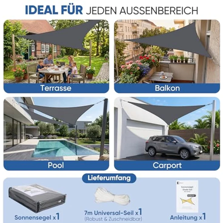 Sunula Sonnensegel Wasserdicht 3 x 3 x 3 m Dreieckig – hochdichtes PES 160g/m², mit umlaufendem Gurtband & Edelstahl-Ringen, Nahtversiegelung & bis zu 95% UV-Schutz, für Balkon Terrasse Garten, Anthrazit – Bild 7