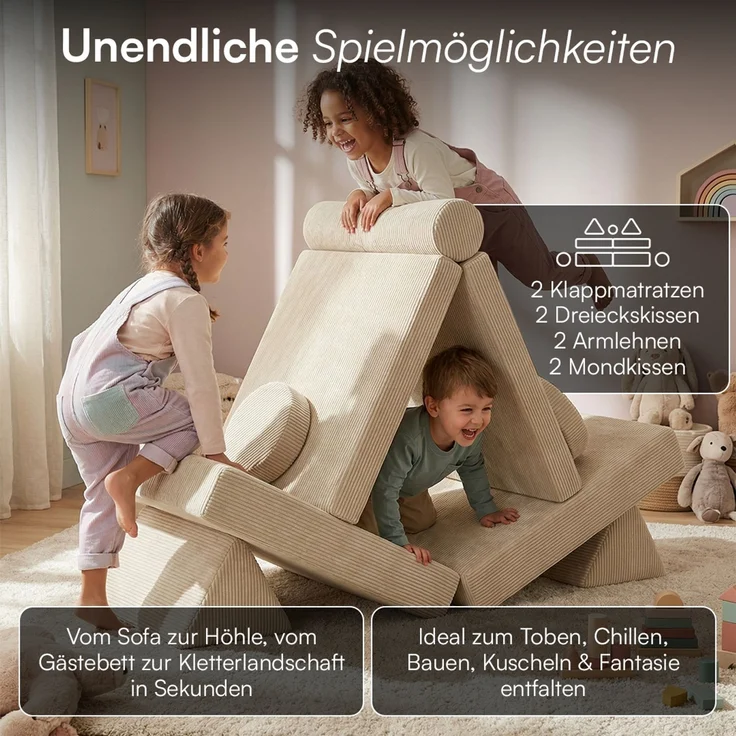 Bellabino 'Nile' Spielsofa mit Kissen und Armlehnen, 8-tlg, Cord, beige, faltbare Kindercouch, abnehmbarer & waschbarer Bezug, Kindersofa aus Schaumstoff – Bild 3