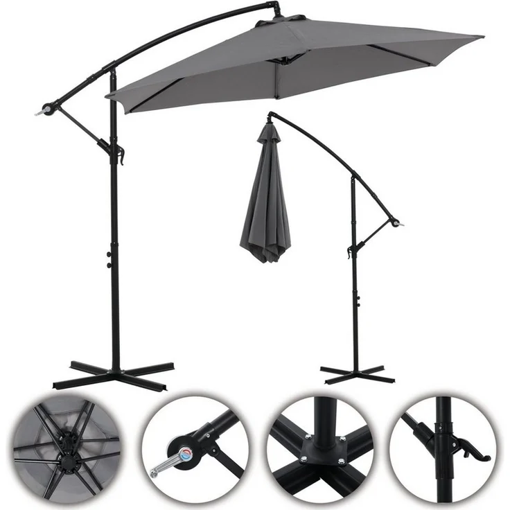 Sonnenschirm 350 cm Marktschirm Strandschirm Grau Kurbelschirm Ampelschirm Gartenschirm Terrassenschirm 3,5 m Meter Aufklappbar Sonnenschutz Garten – Bild 3