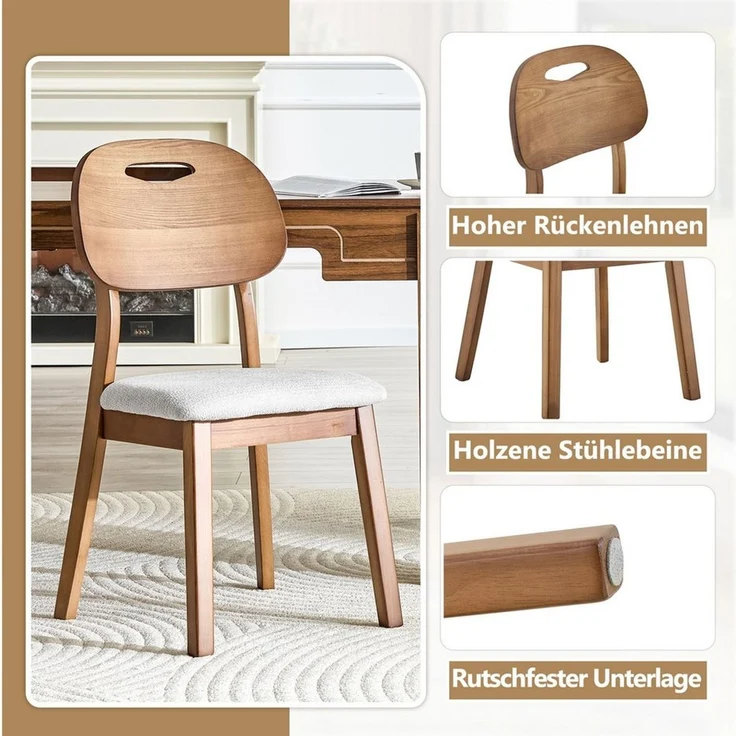 JUFU Esszimmerstuhl Moderner Holz mit Polster, 2er Set, ergonomisch (2 St) – Bild 3