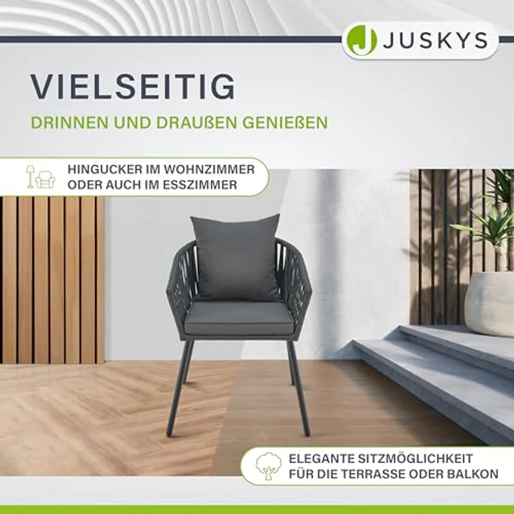 Juskys Rope Stühle 2er Set - Gartenstühle mit Seilgeflecht & Polster - wetterfester & bis 160 kg belastbar - Stahl mit Pulverbeschichtung - Dunkelgrau – Bild 8