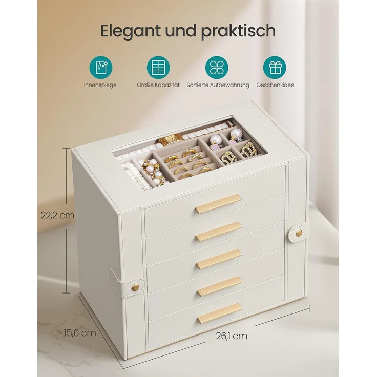 SONGMICS Großer Schmuckkasten mit 5 Ebenen und Glasdeckel für Ketten 26,1 x 15,6 x 22,2 cm Weiß und Beige – Bild 5