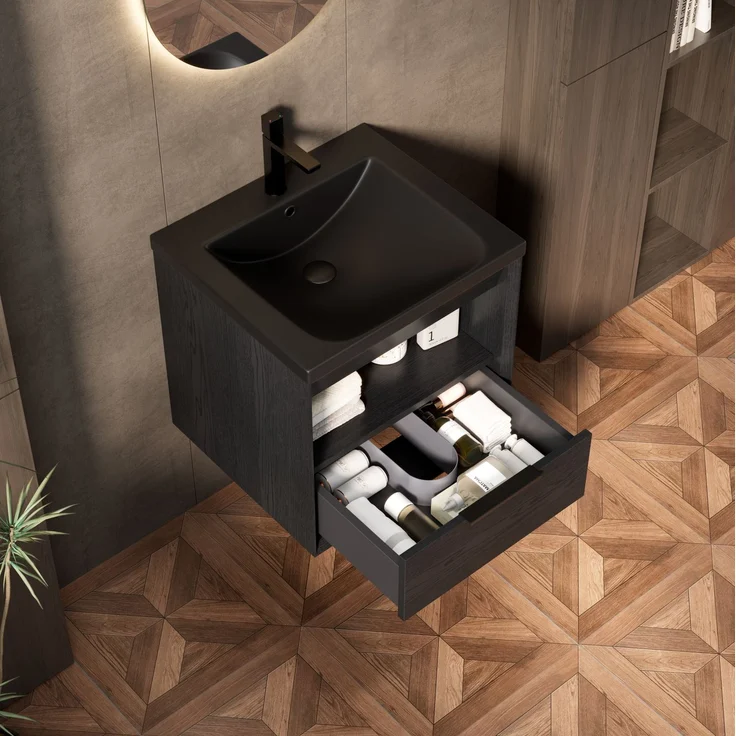Waschtischunterschrank mit Keramikwaschbecken, Schublade & offenem Fach, 51,5x47x51,5 cm, Schwarz/Dunkeleiche – Bild 2