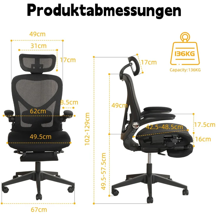 Klappbarer ergonomischer Bürostuhl, kleiner Platz-Klappstuhl mit Taillenstütze, Ganznetzschiebekissen, klappbare Armlehnen, 3D-Kopfstützen und Bürostuhl mit Arbeitspedalen,schwarz--Schwarz--129x48.5x62cm--YOUDENOVA – Bild 2