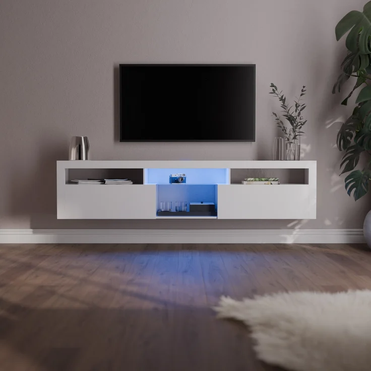 blumfeldt Lowboard Elgin Lowboard Fernsehschrank 150 x 30 x 40 cm, LED (Set), Fernsehschrank weiß TV-Schrank 3 Schubladen 150 x 30 x 40 cm (BxHxT) – Bild 1