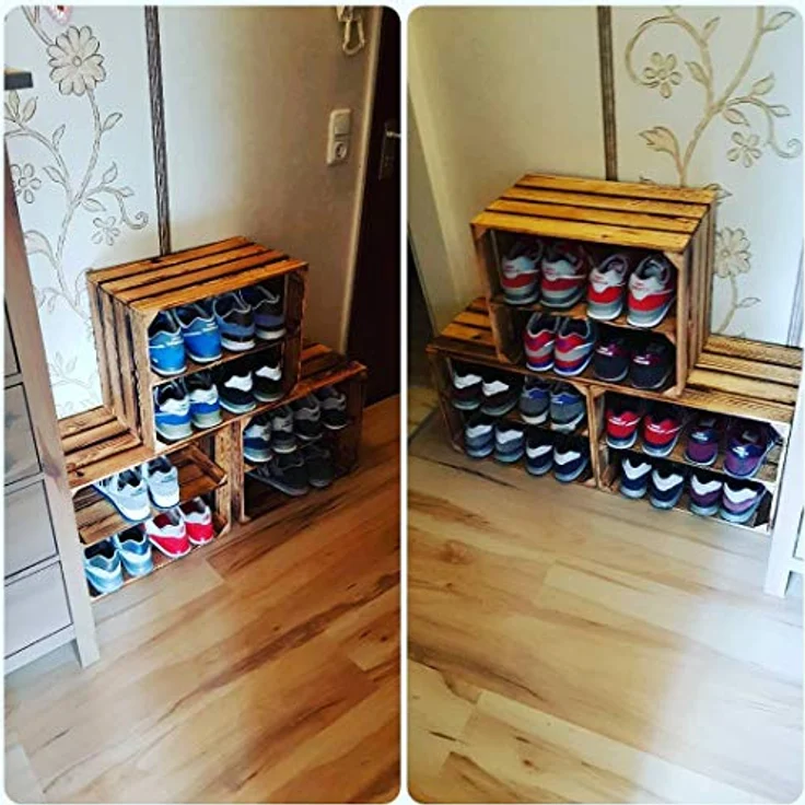 3 x Schuhschrank Schuhregal aus geflammten Holzkisten Schuhablage für 12 Paar Schuhe als Schuhständer Schuhaufbewahrung aus Holz Maße 50 x 30 x 40 cm (je Kiste) stabiles Regal in Obstkisten Optik – Bild 7