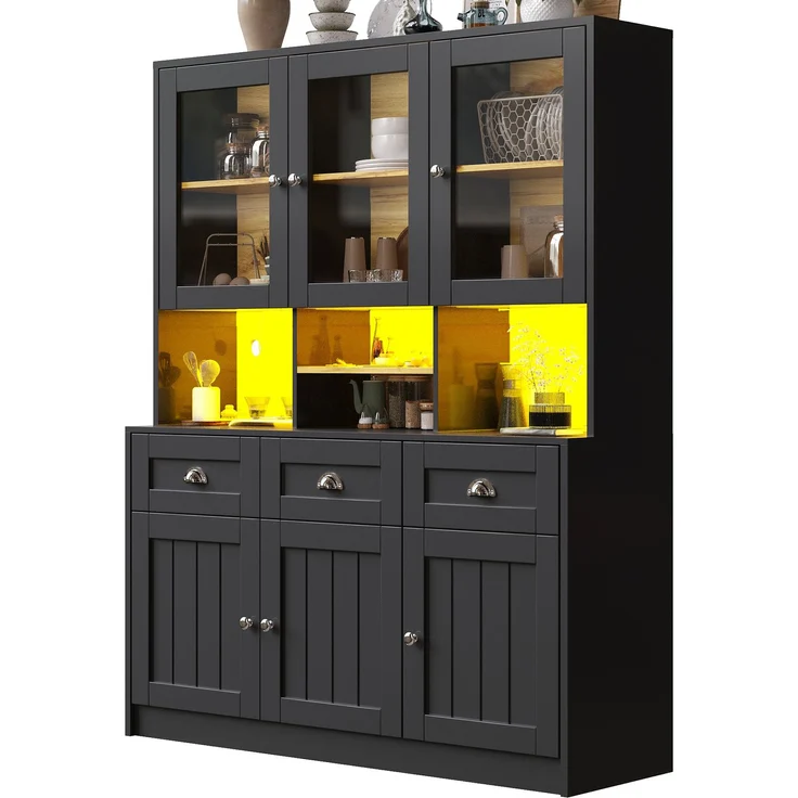 Küchenschrank(140×40×175cm), Hochschrank Küchenbuffet, Vitrinenschrank, Buffetschrank mit Verstellbaren Ablagen, Sideboard mit LED-Beleuchtung,Variable Lichtfarben, Weiß/Schwarz--Schwarz--140x40x175cm--YOUDENOVA – Bild 5