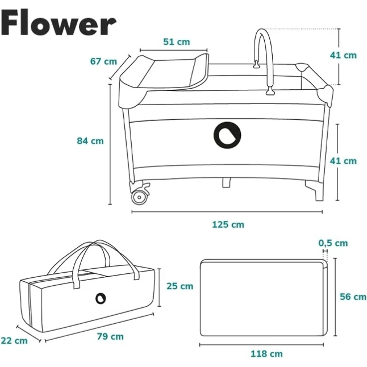 Lionelo Flower 4in1 Reisebett Baby mit Seiteneingang, Wickeltisch, Zwei Matratzenaufhängungshöhen, Spielzeugbogen mit Spielfiguren, Rollen, Tragetasche – Bild 10
