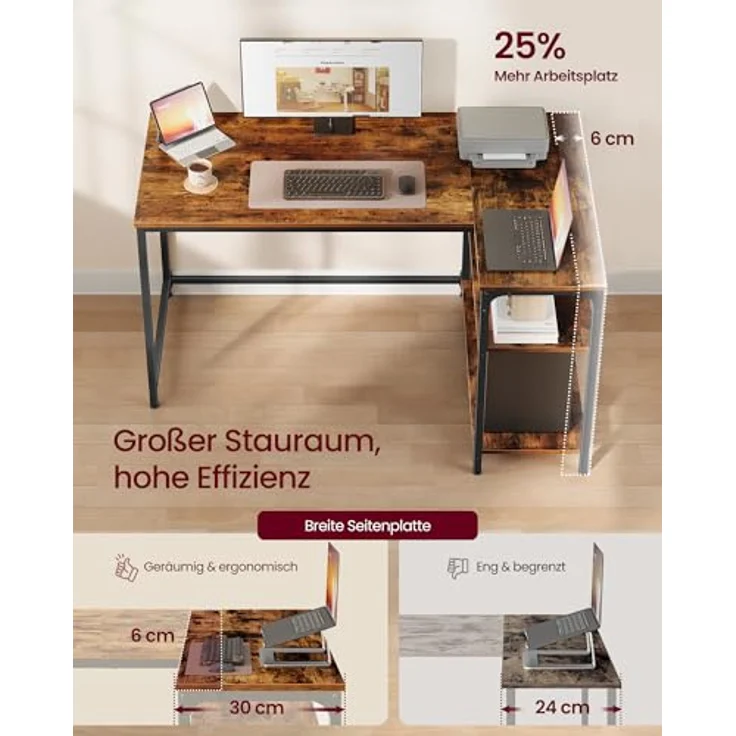 VASAGLE Eckschreibtisch in L-Form, Computertisch mit Stauraum, Bürotisch, höhenverstellbare Ablage, für Homeoffice, 120x80 cm, vintagebraun LWD136KD01 – Bild 5