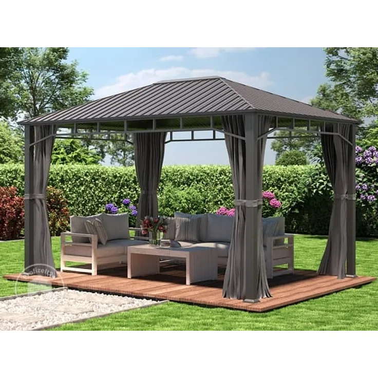 Gartenpavillon 3x4 m Stahldach Hardtop 4 Seitenteile in Grau, Pfosten 9x9 cm