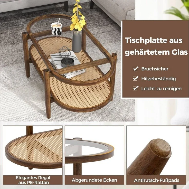 COSTWAY Couchtisch, mit Stauraum, aus Glas, Rattan & Massivholz, 102x56x47cm – Bild 2