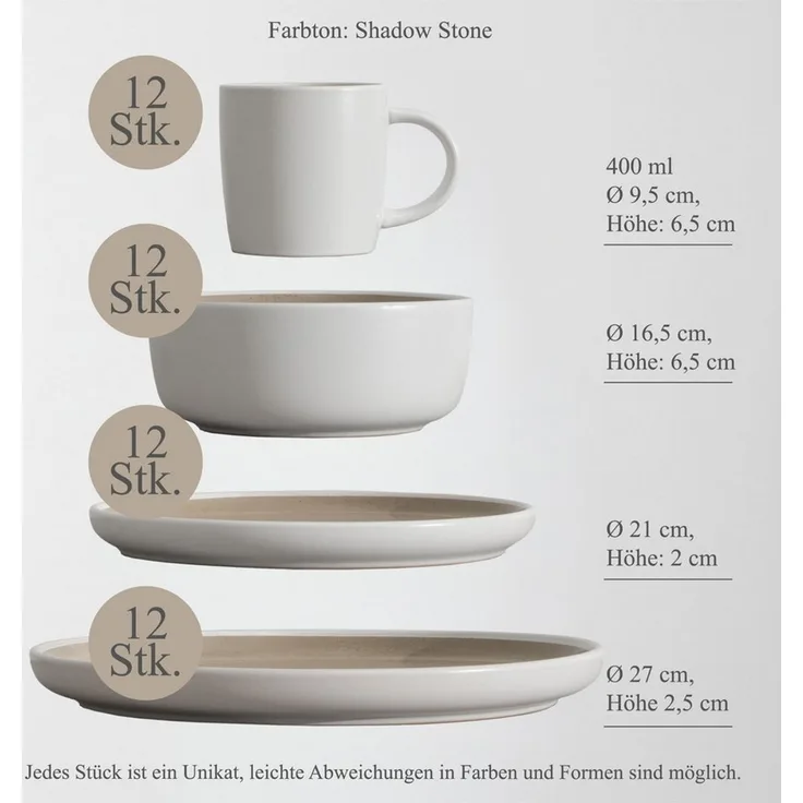 Hausfelder Geschirr-Set Steingut Geschirrset 12 Personen, 48teilig, Shadow Stone (48-tlg), 12 Personen, Steinzeug, spülmaschinen- & mikrowellengeeignet, Reaktivglasur