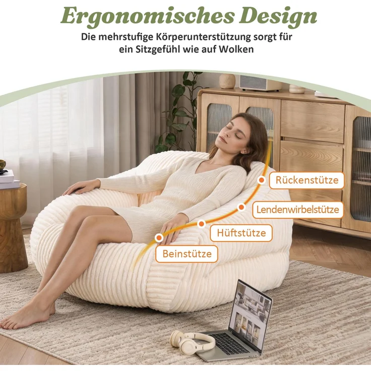 Sitzsack für Erwachsene, flauschiger Loungesessel Cord, vakuumverpackt und montagefrei, für Wohnzimmer, Schlafzimmer, Balkon(Beige)--Beige--116x110x61cm--YOUDENOVA – Bild 5