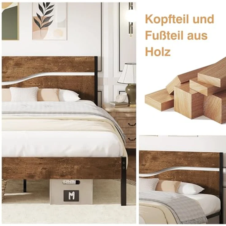 VECELO Bettgestell 140x200 cm Bettrahmen mit Lattenrost, Doppelbett Metallbett mit Dick Holzkopfteil, Modern Gästebett Jugendbett, Perfekt für Erwachsene und Jugendliche, Braun – Bild 5