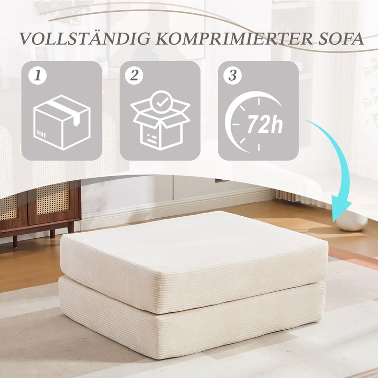 Cord-Kompressionshocker – weich, hautfreundlich, 2 dicke Schaumstoffblöcke für hohen Sitzkomfort, Ausklappbar zum Einzelsessel – platzsparend, vielseitig, frei kombinierbar – ideal für jeden Raum.--Beige--109x95x43cm--YOUDENOVA – Bild 4