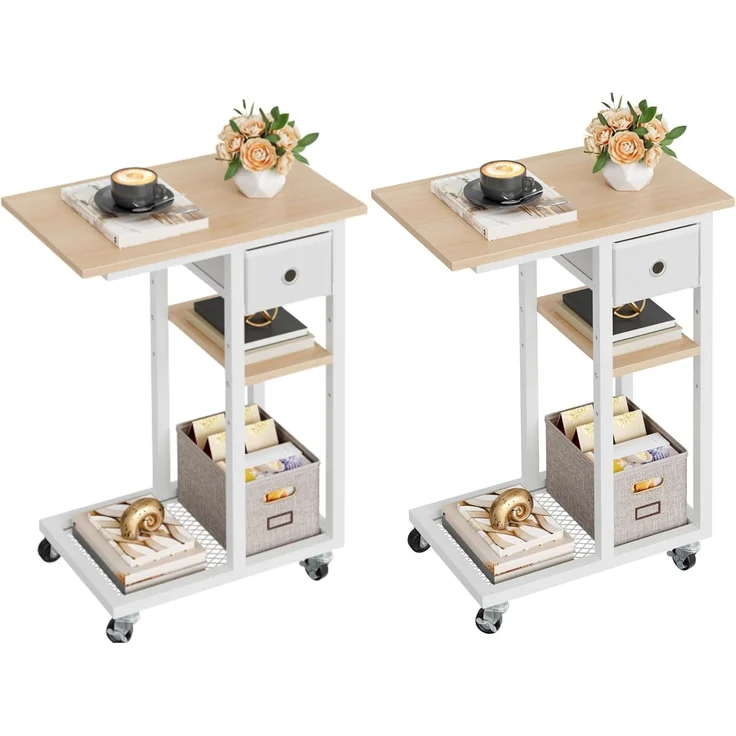 YITAHOME 2PCS Beistelltisch, C-Form Sofatisch mit Rollen und Schublade，Wohnzimmertisch für Kaffee und Laptop，für Wohnzimmer, Schlafzimmer，50 x 30 x 67 cm, Eiche – Bild 1