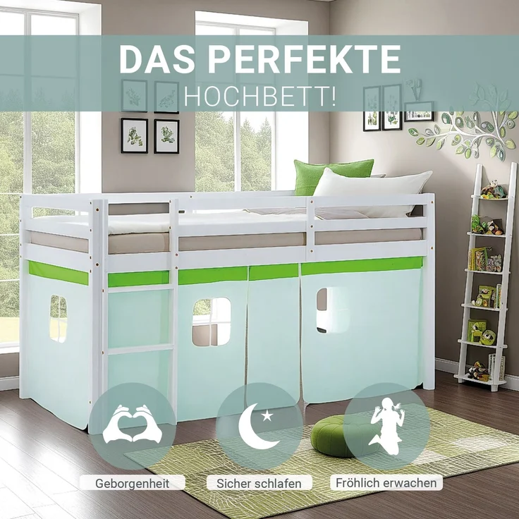 Hochbett Kinder 90x200 cm Kinderbett Kinderhochbett Stockbett Vorhang Grün Leiter Holz Massiv – Bild 4