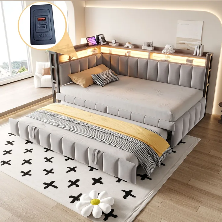 Polsterbett Schlafsofa 90x200 cm mit Ausziehbett, LED-Beleuchtung und Ablagefächern am Kopf- und Fußende, Ausgestattet mit USB- und Typ-C-Anschlüssen. Einzelschlafsofa, Samtstoff Hellgrau