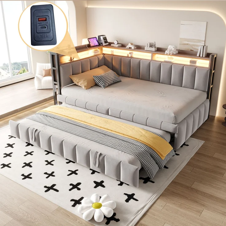 Polsterbett Schlafsofa 90x200 cm mit Ausziehbett, LED-Beleuchtung und Ablagefächern am Kopf- und Fußende, Ausgestattet mit USB- und Typ-C-Anschlüssen. Einzelschlafsofa, Samtstoff Hellgrau – Bild 1