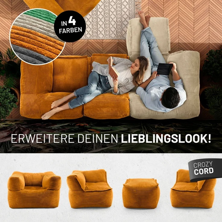 Lumaland Sitzsack-Sofa, Polyester, Mittelteil, Cord - Senfgelb, 70 x 81 x 54 cm – Bild 8