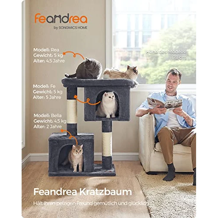 Feandrea Kratzbaum, 101 cm Katzenbaum, XL, Katzenhaus für extra große Katzen bis zu 20 kg, große Plattform, 2 Katzenhöhlen, Sisalstämme, rauchgrau PCT614G01 – Bild 3