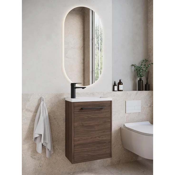 Badplaats Gäste-WC Möbel Florence 40 x 22 cm – Walnuss – Handwaschbeckenunterschrank mit weißem Waschbecken – Bild 2