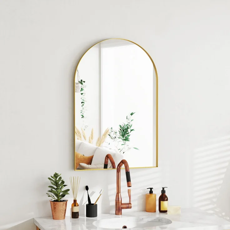 Gewölbter Wandspiegel, Badezimmerspiegel mit Rahmen aus Aluminiumlegierung für Schlafzimmer, Wohnzimmer, Flur, 60 × 90 cm, gold – Bild 10