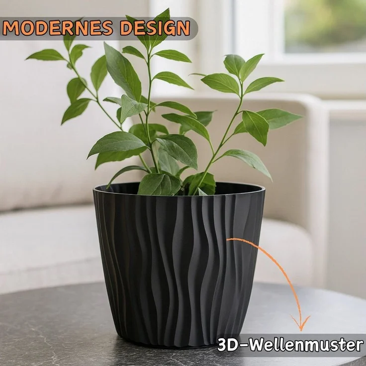 Engelland Blumentopf Pflanztopf mit Drainagesystem (Vorteils-Set, 1 St, robuster PP-Kunststoff), 3D-Wellenoptik, UV-resistent, Drainagesystem, direkte Bepflanzung – Bild 2
