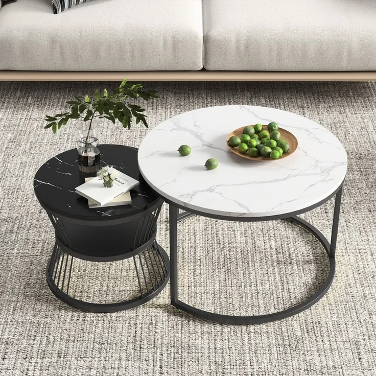 Simurq Couchtisch rund 2er-Satztisch Beistelltisch stapelbarer Sofatisch (2er-Set), 70x45cm+45x40cm, rund – Bild 3