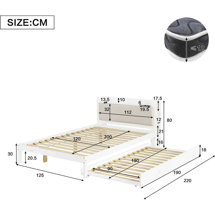 Merax Einzelbett, Funktionsbett mit Ausziehbett 90x190 cm, Holzbett mit gepolstertem Kopfteil, Kopfteilregal, Ladestation und offenem Stauraum, Weiß, 120x200 cm – Bild 4