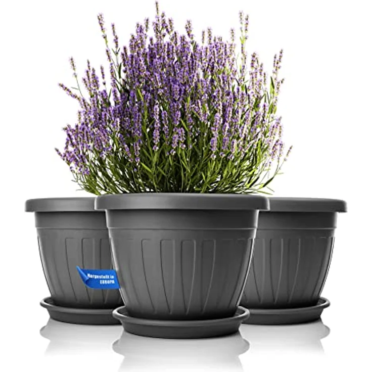 BigDean 3x Blumentopf mit Untersetzer rund ø40xH31 cm anthrazit - wetterfester Pflanzkübel - Wasserablauf UV-beständig aus bruchsicherem Kunststoff - Innen + Außen geeignet - Made in Europe – Bild 2