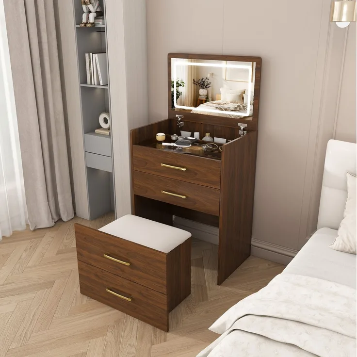 CHICFURN Schminktisch 60x118x40 cm mit Klappspiegel und Glasplatte – 3-in-1-Design in Walnuss