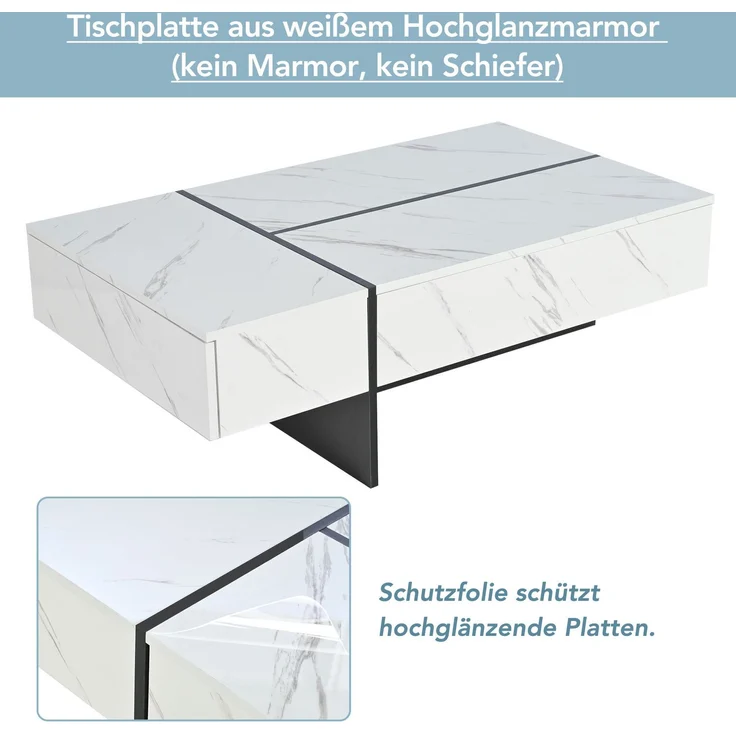 Couchtisch 105x60x35 cm mit 3 Schubladen und LED – Wohnzimmertisch in Weiß mit Hochglanzplatte – Bild 6
