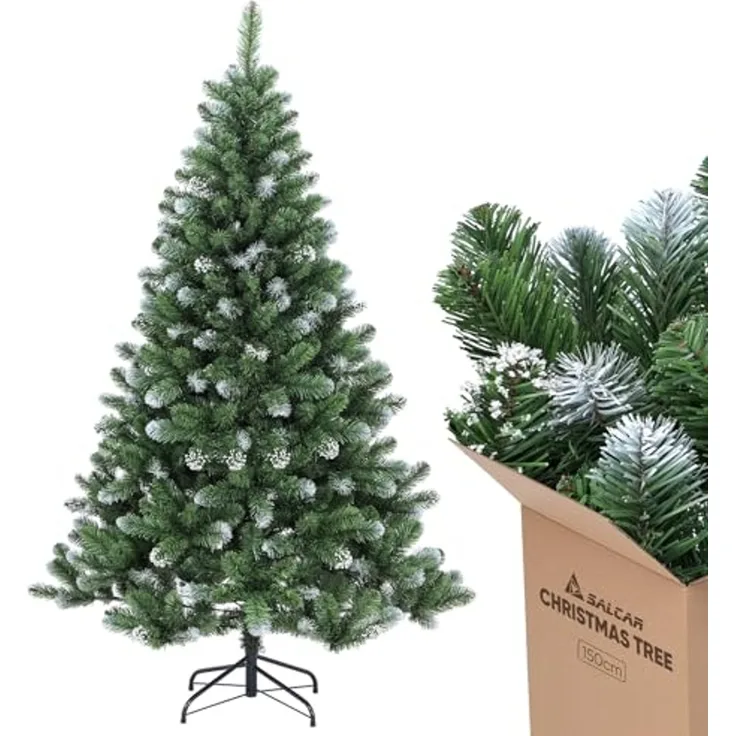 SALCAR Künstlicher Weihnachtsbaum 180 cm – Tannenbaum mit schneebedeckten, runden PVC-Zweigspitzen in Tannengrün, dichter Christbaum mit stabilem Metallständer – Ideal für Weihnachtsdeko Zuhause