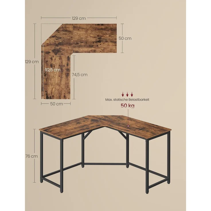 VASAGLE Eckschreibtisch, L-förmiger Computertisch, 129 x 129 x 76 cm, platzsparender Bürotisch, Homeoffice, Gaming, vintagebraun-tintenschwarz LWD124K01 – Bild 3